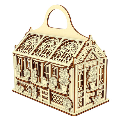 Side isometric view 3D render of a laser cut plywood greenhouse casket featuring detailed windows and a top handle.