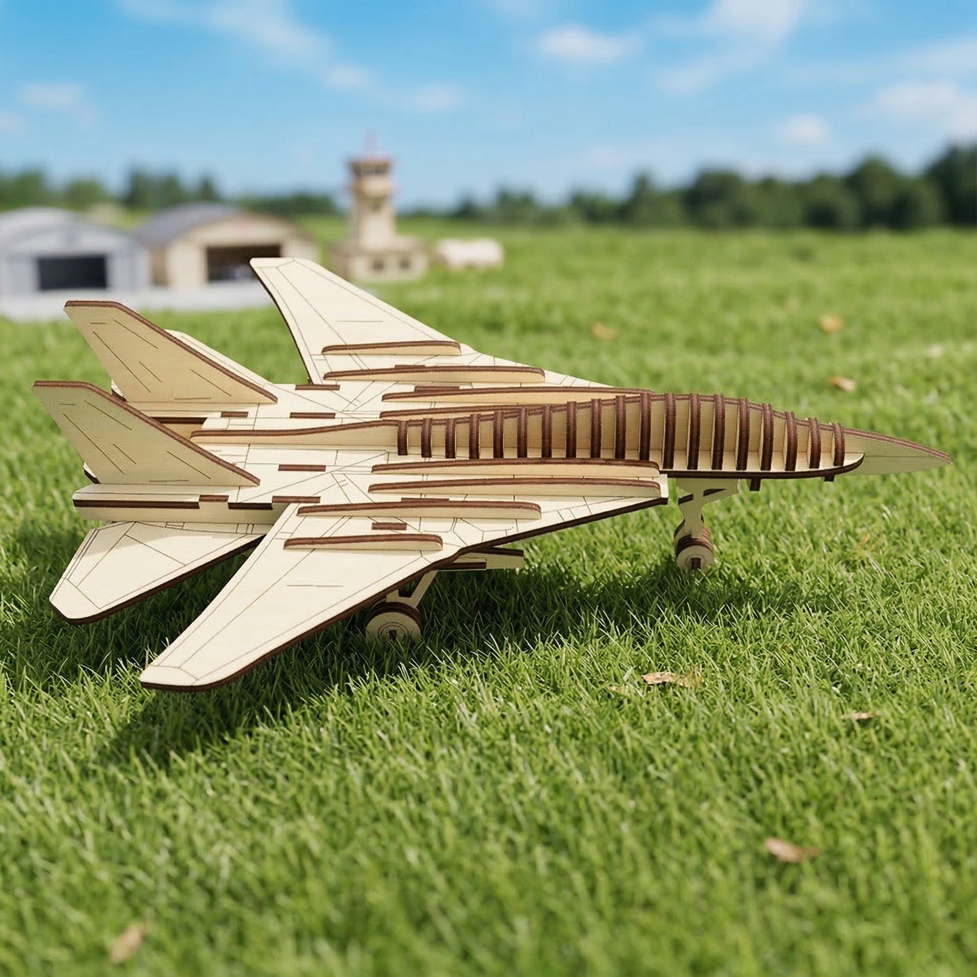 Side-angle view of a laser cut plywood fighter jet model on a mown field. The design highlights precise interlocking wooden slats and etched wing details. A blurred miniature airfield and control tower are visible in the background.