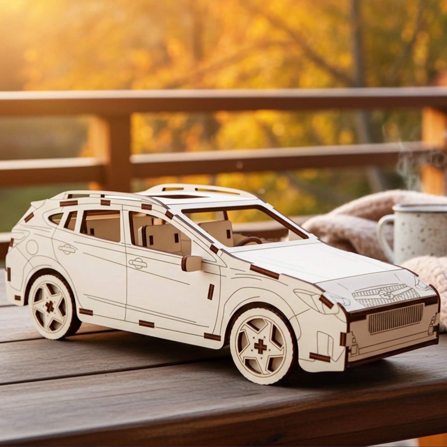 Laser cut wooden plywood 3D model on a rustic wooden bench in a forest setting next to a white ceramic mug. Detailed plywood assembly with roof racks and off-road tires. Natural outdoor background with autumn leaves and soft sunlight.