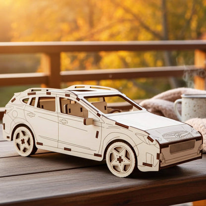 Laser cut wooden plywood 3D model on a rustic wooden bench in a forest setting next to a white ceramic mug. Detailed plywood assembly with roof racks and off-road tires. Natural outdoor background with autumn leaves and soft sunlight.