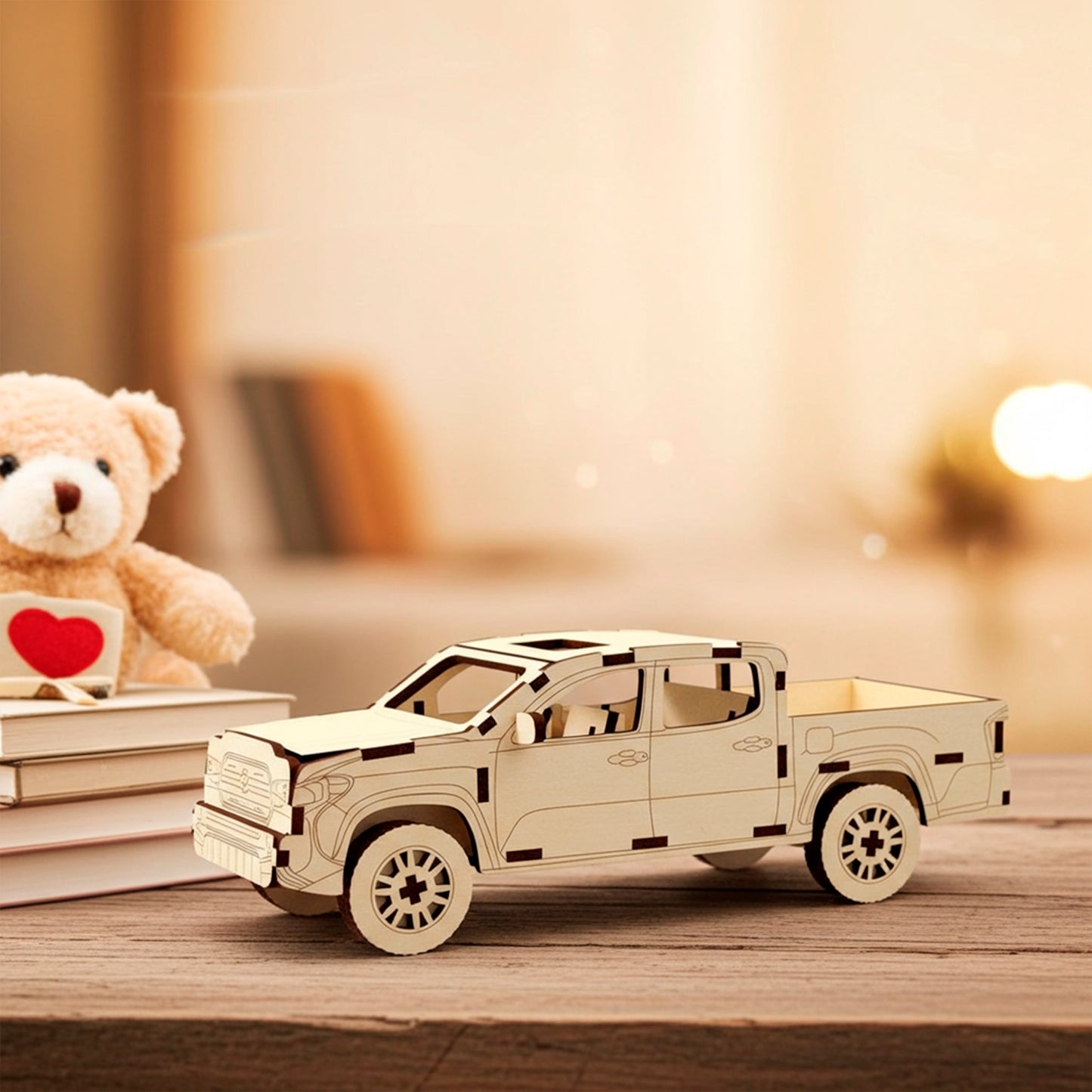 Laser cut plywood wooden 3D model kit of a pickup truck with four doors and an open bed, showcased on a light wooden surface in a nursery room with cloud decorations on a blue wall, toy blocks, and a knitted animal