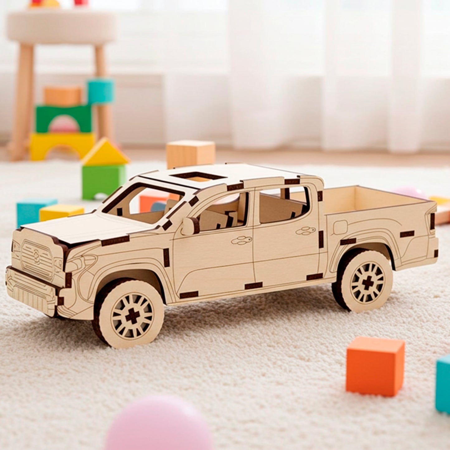 Laser cut plywood wooden 3D model kit of a modern pickup truck with four doors and an open bed, displayed on a soft white rug surrounded by colorful toy blocks in a bright indoor playroom setting