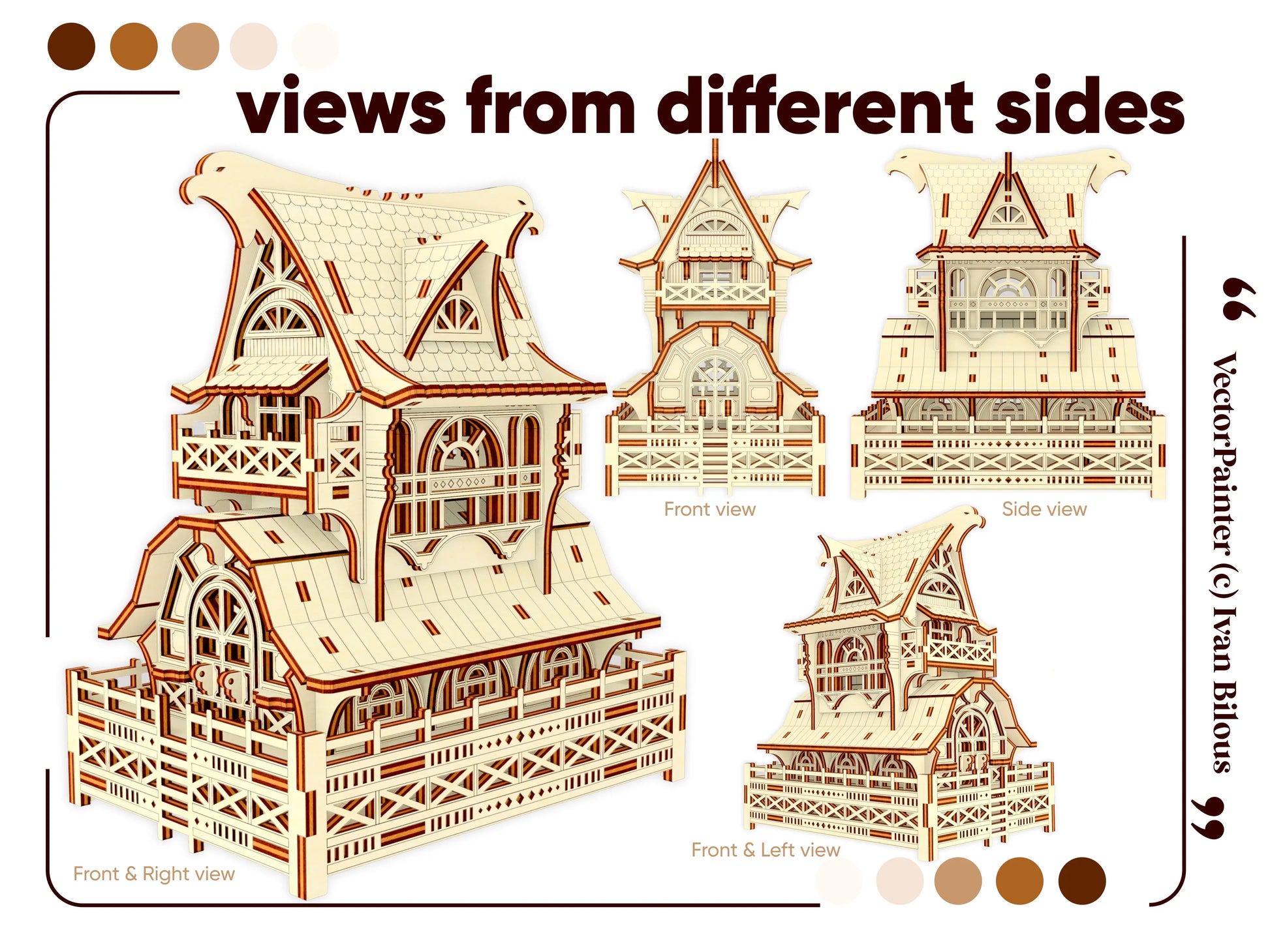 Detailed laser cut plan for creating a Garden Gnome House wooden model with balconies, attics, and fences