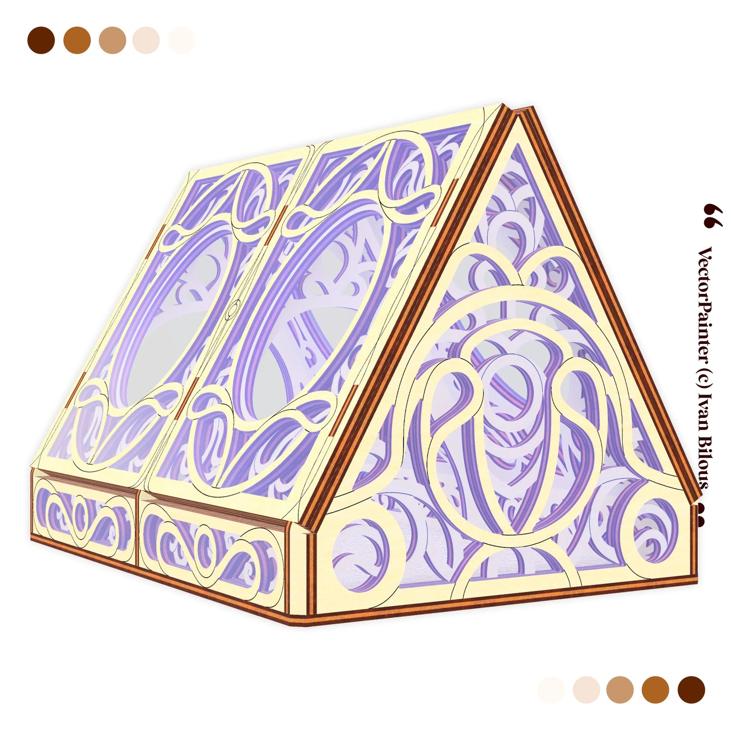 Decorative triangular laser cut box with intricate purple and gold design on a white background