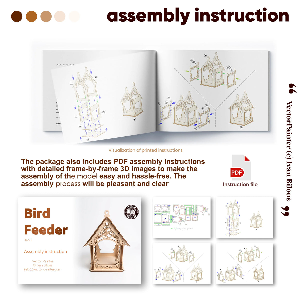 rinted manual booklet showing 3D step-by-step assembly diagrams for building a laser cut plywood bird feeder house