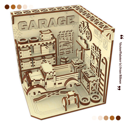 laser cut book nook model of a garage model with various elements on a beige background