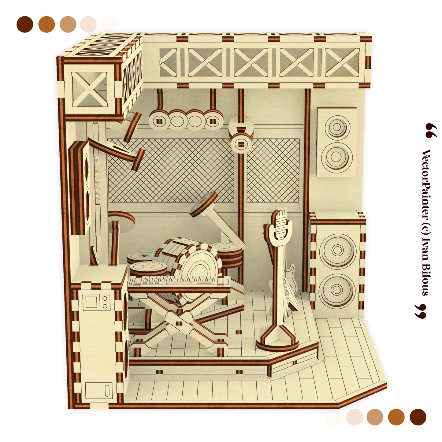 Detailed interior laser cut design of a room with furniture and decor elements, featuring a color palette on the left.
