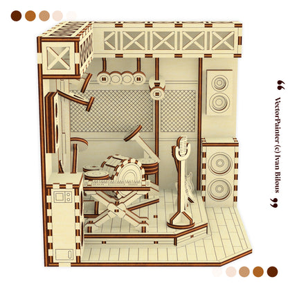 Detailed interior laser cut design of a room with furniture and decor elements, featuring a color palette on the left.