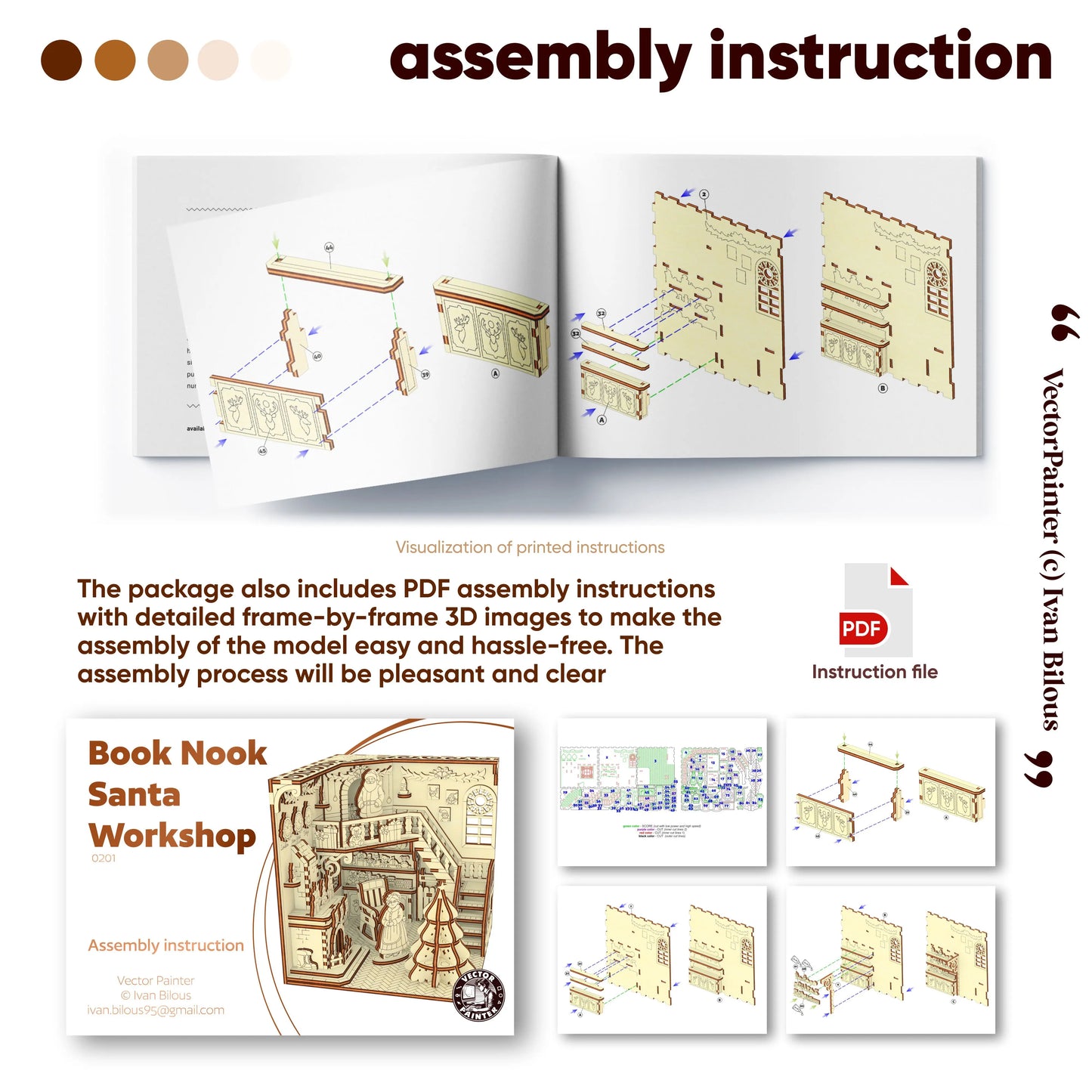 Assembly instruction book for a model with 3D images and text.