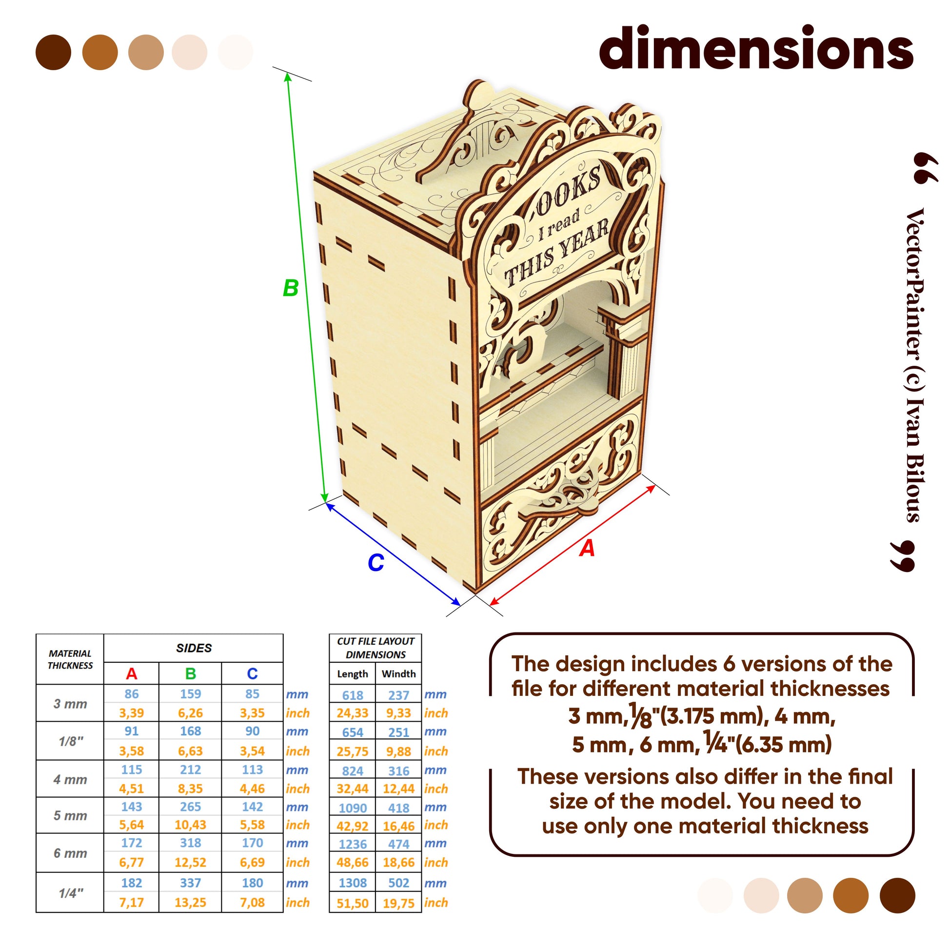 Laser cut book nook digital file showing product dimensions, size diagram, and material thickness options for the wooden bookshelf insert.