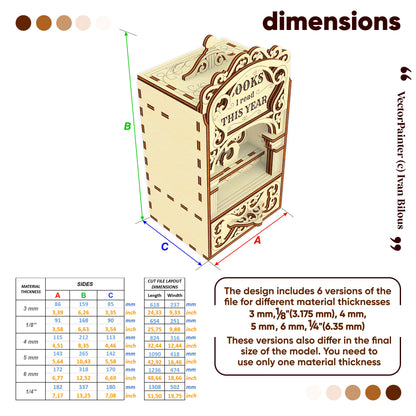 Laser cut book nook digital file showing product dimensions, size diagram, and material thickness options for the wooden bookshelf insert.
