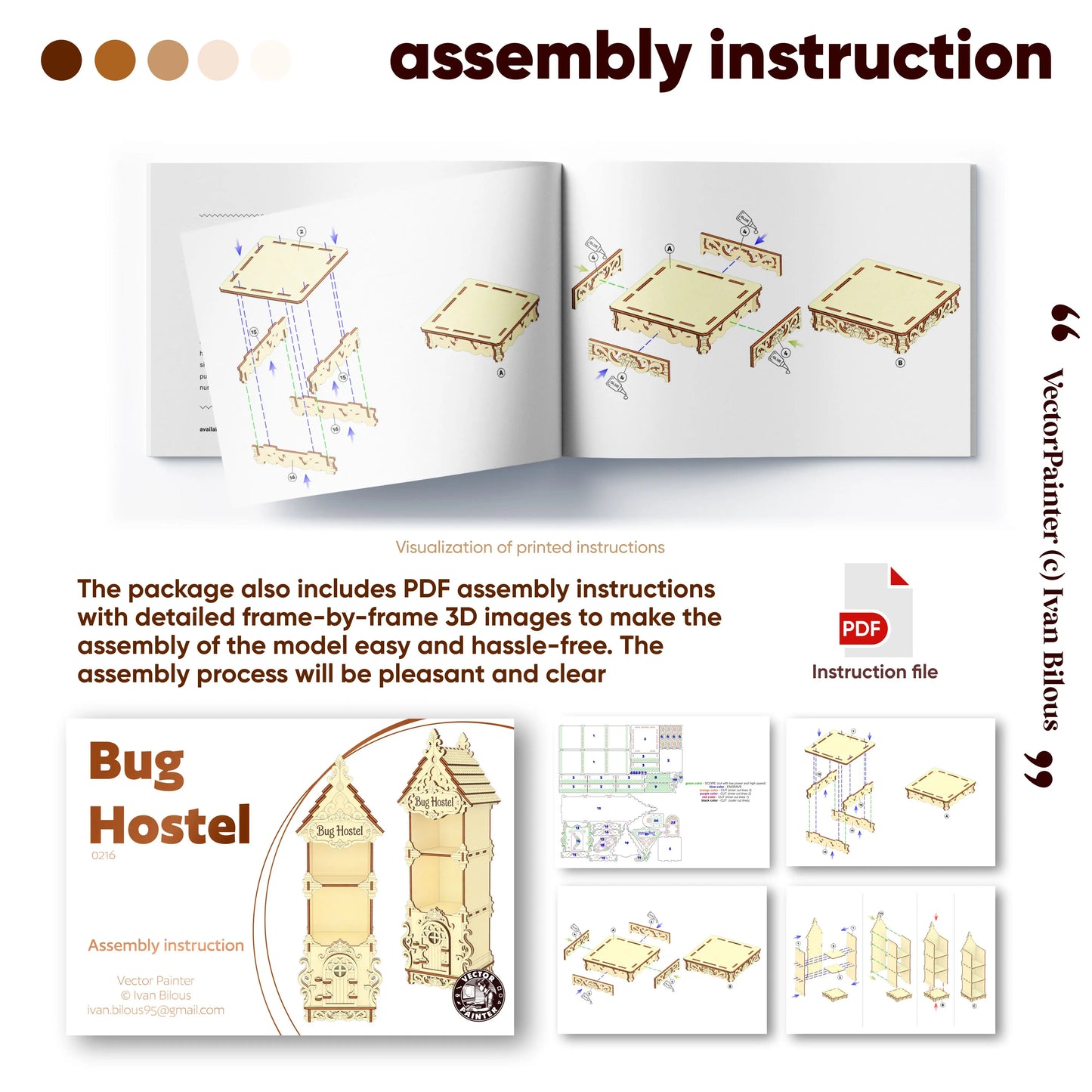 Visual guide showing detailed 3D assembly instructions for a laser-cut plywood Bug Hostel model included as a PDF
