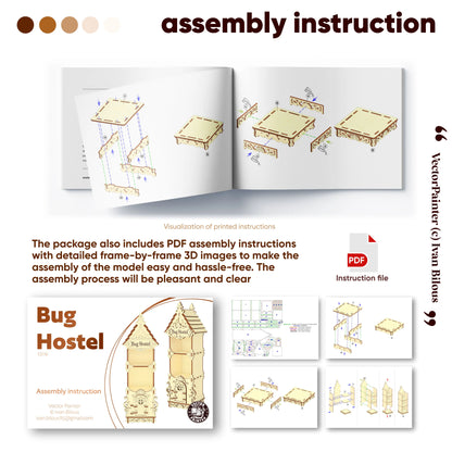 Visual guide showing detailed 3D assembly instructions for a laser-cut plywood Bug Hostel model included as a PDF