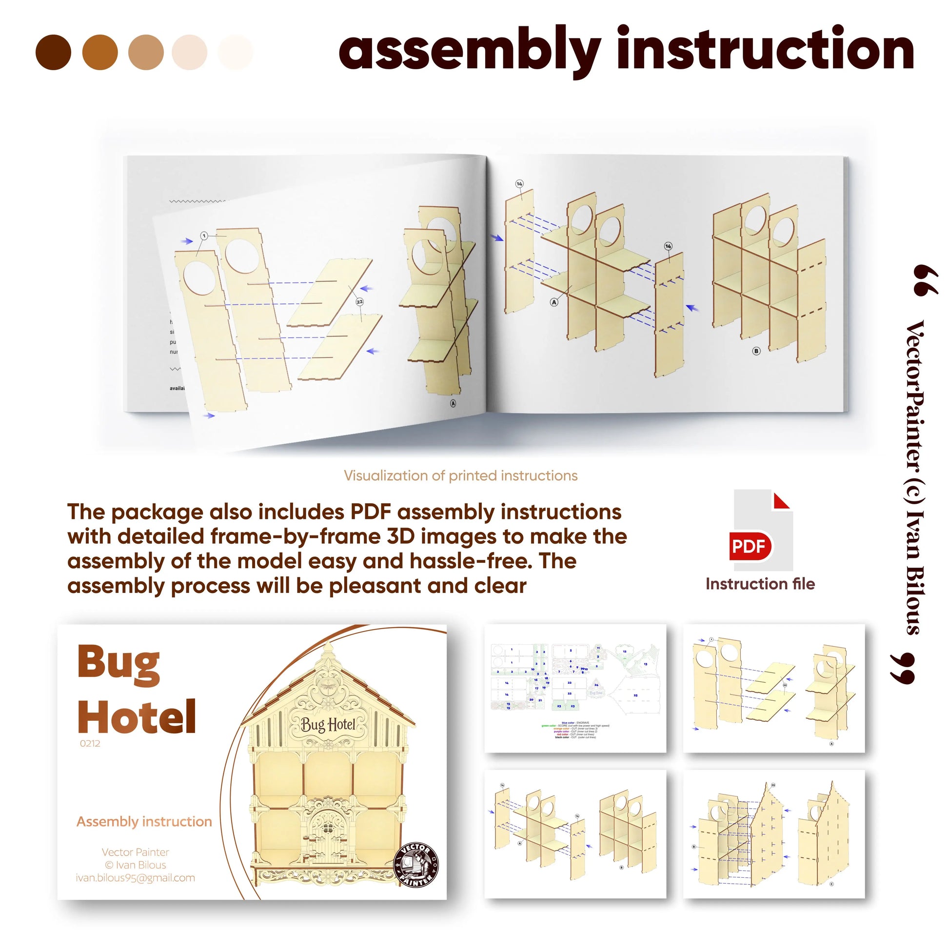 Assembly guide for laser cut plywood bug hotel, featuring detailed 3D diagrams for easy step-by-step construction.