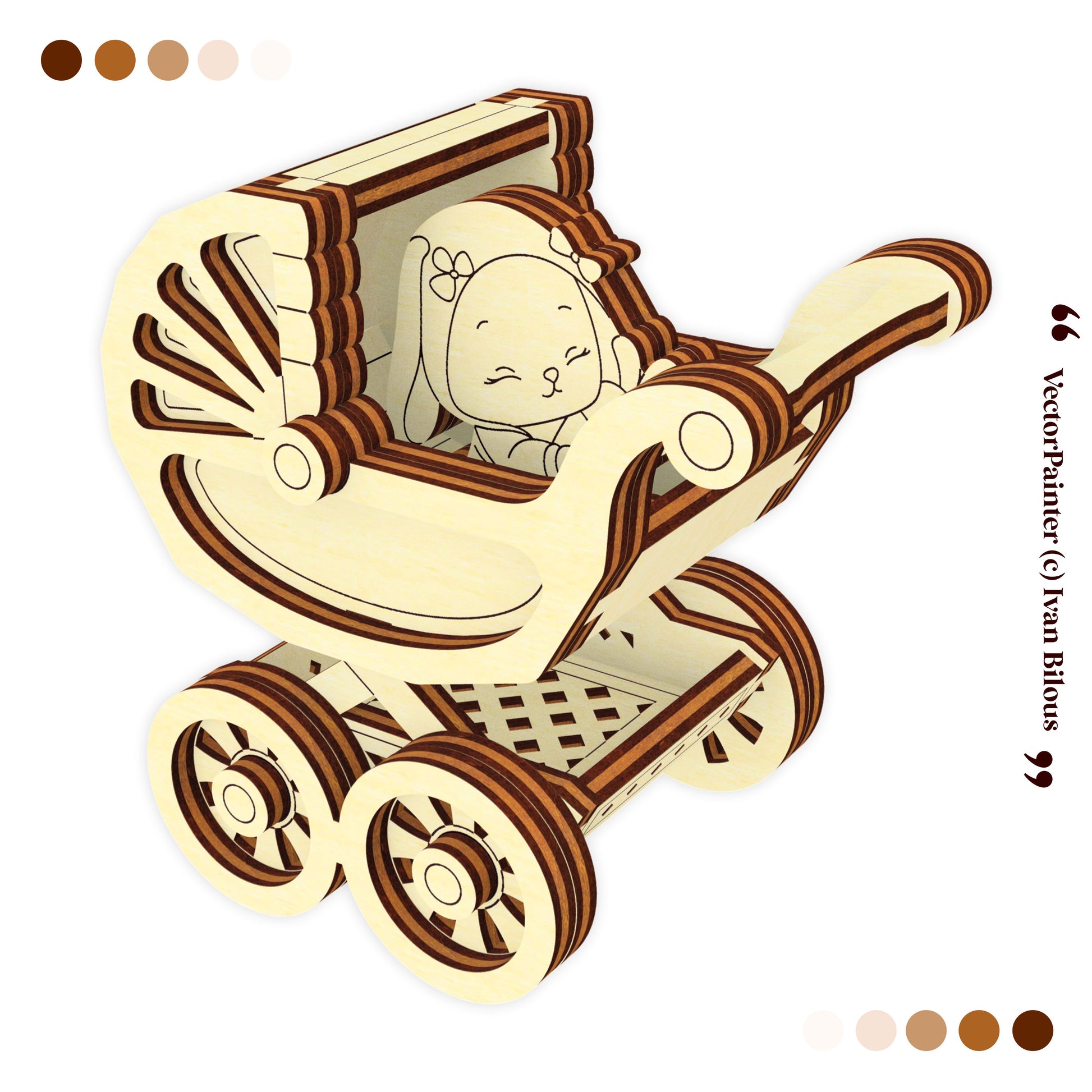 Wooden toy pram with a baby figure on a white background