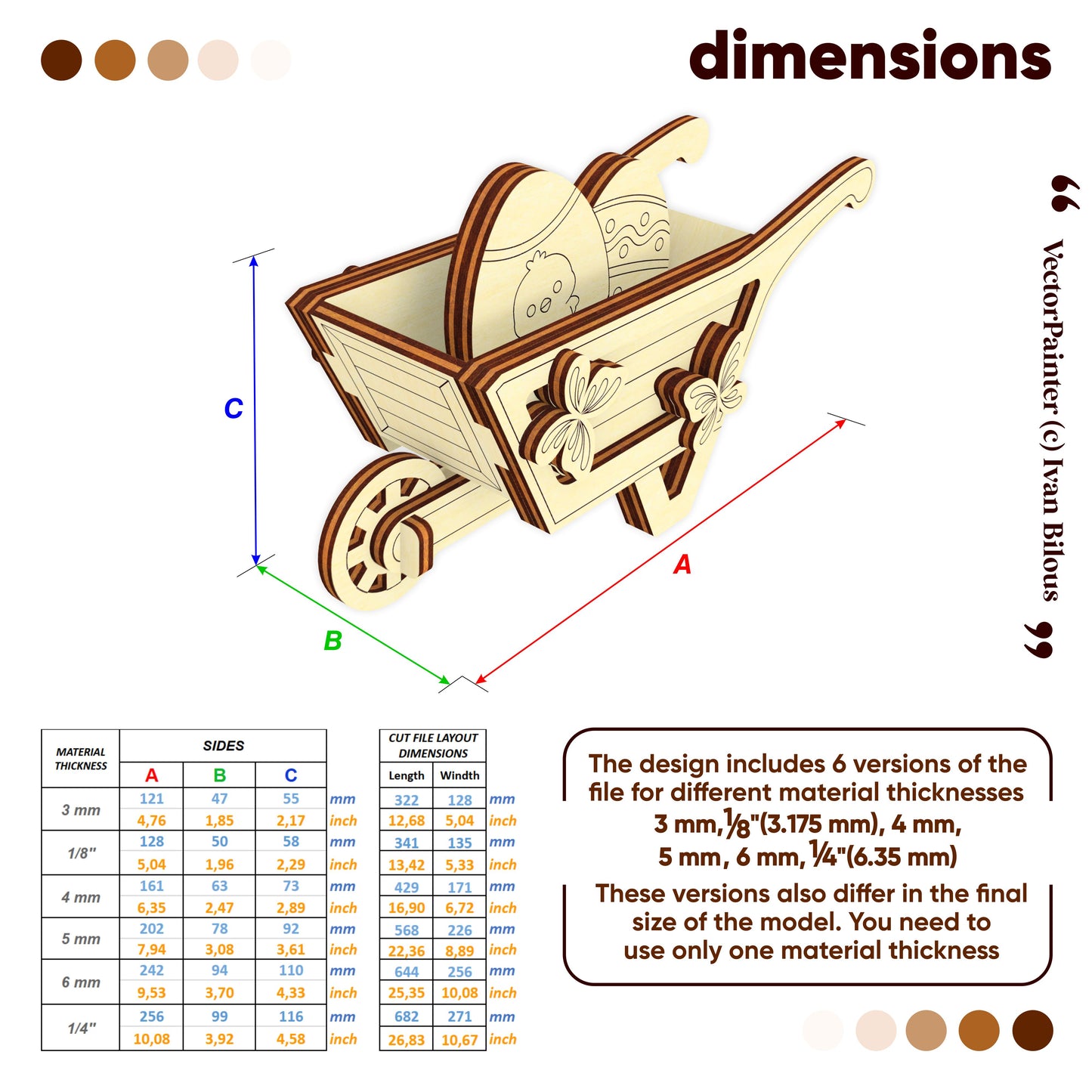 Wooden wheelbarrow model with dimensions and material thickness options on a white background