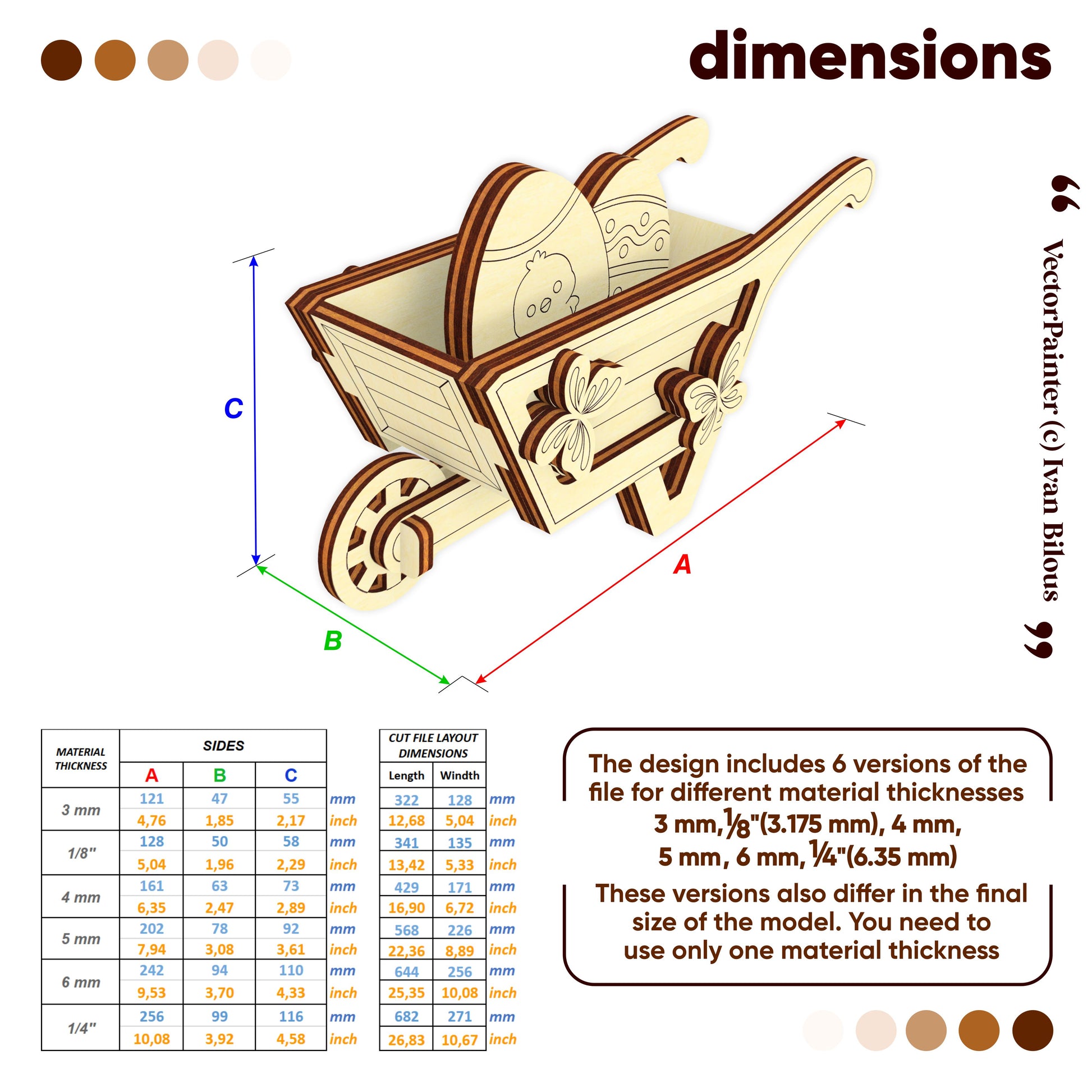 Wooden wheelbarrow model with dimensions and material thickness options on a white background