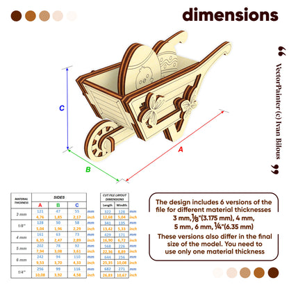 Wooden wheelbarrow model with dimensions and material thickness options on a white background