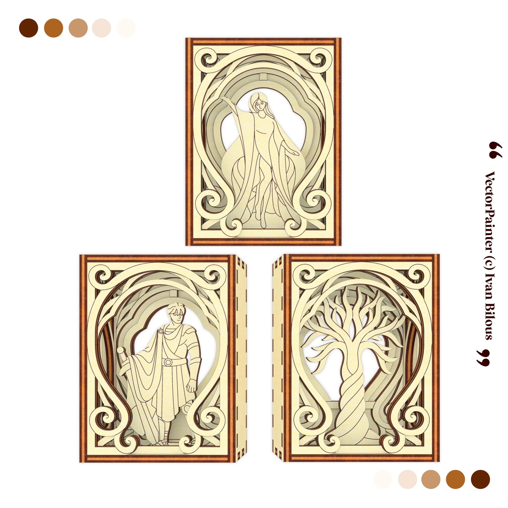 Three decorative panels with artistic designs on a white background