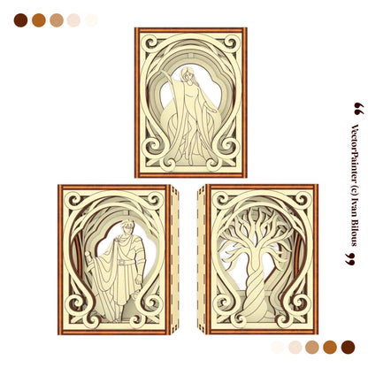 Three decorative panels with artistic designs on a white background