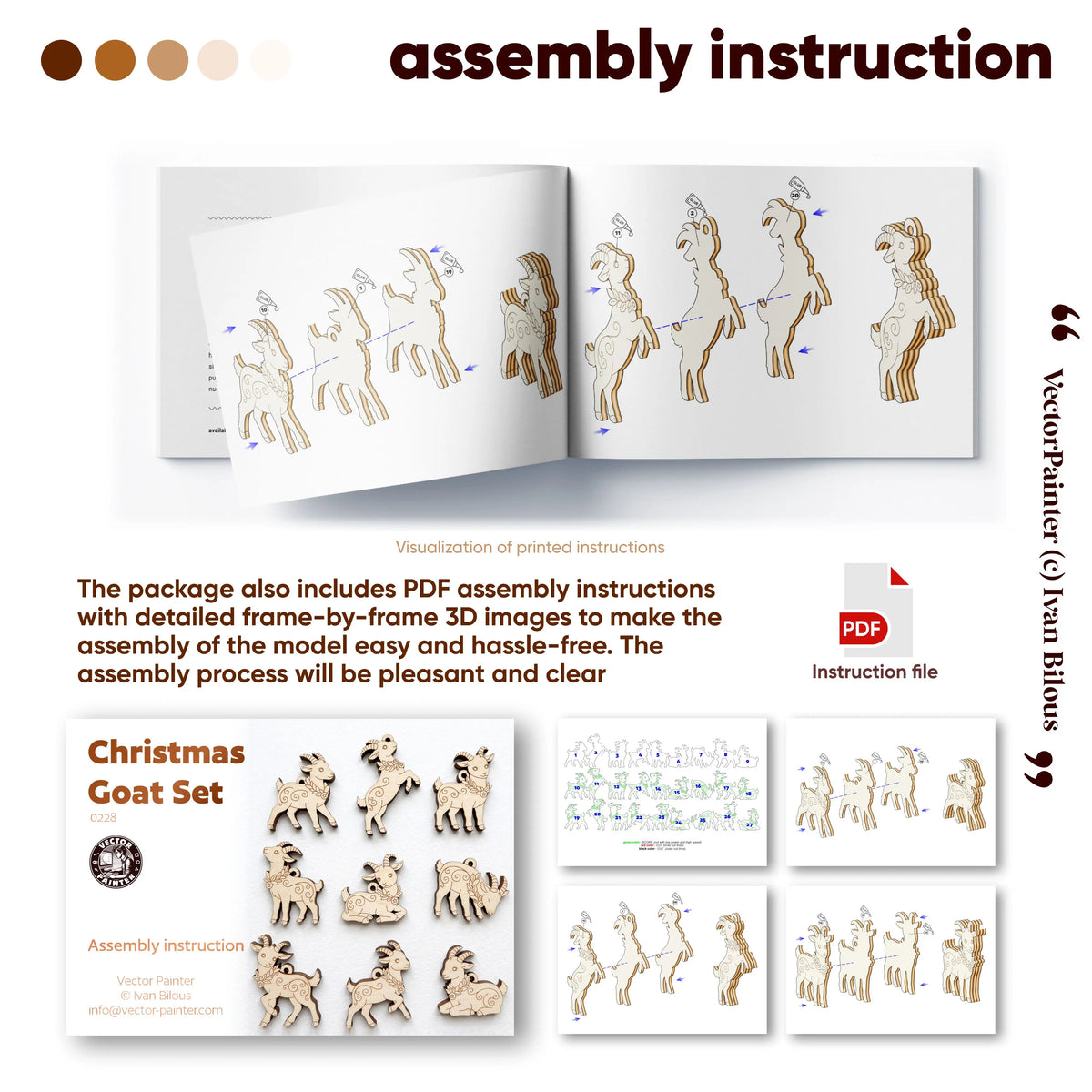Step-by-step PDF assembly guide infographic showing 3D layer diagrams for laser cut plywood Christmas goat ornaments set.