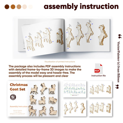 Step-by-step PDF assembly guide infographic showing 3D layer diagrams for laser cut plywood Christmas goat ornaments set.