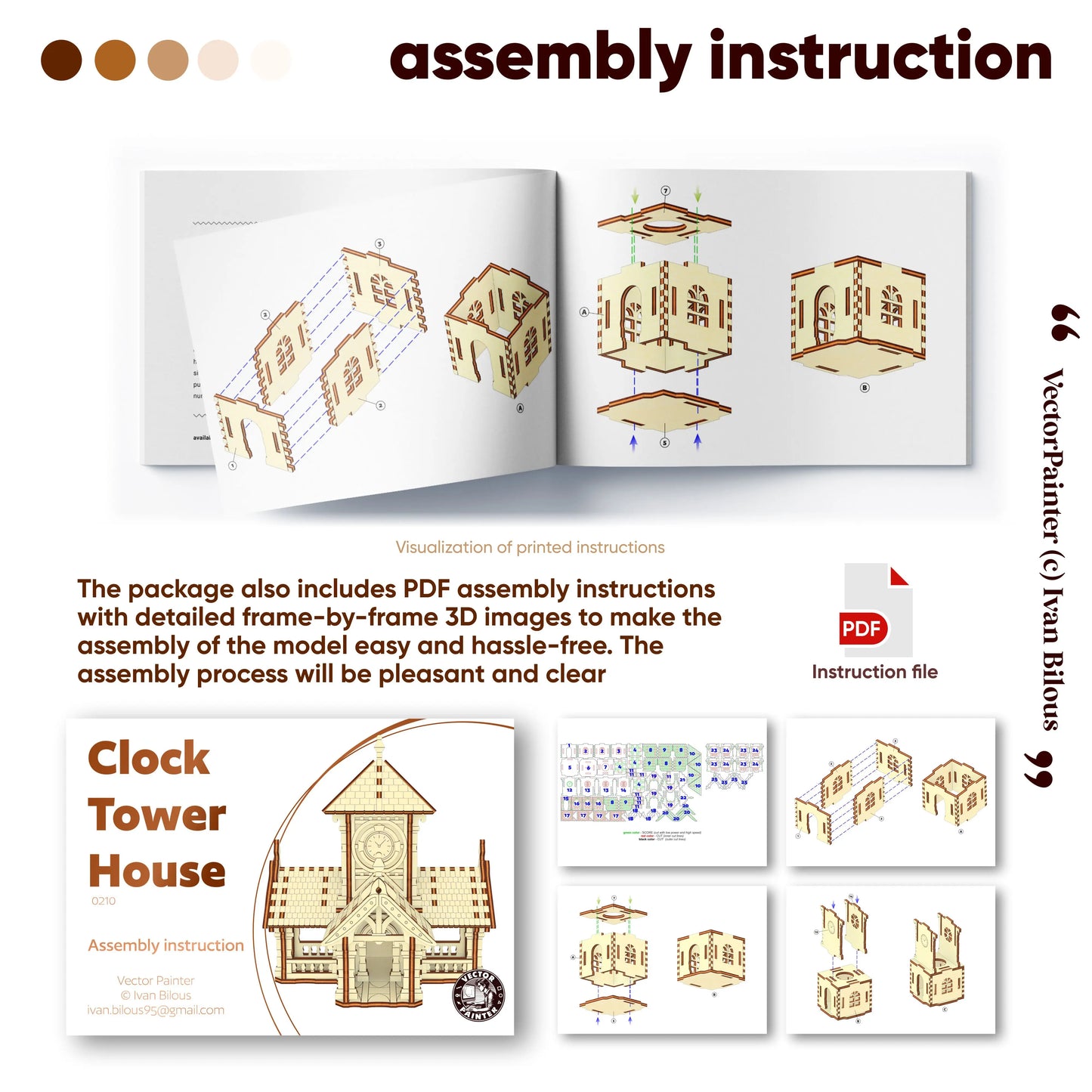 Mockup of an open booklet with step-by-step 3D instructions to assemble a clock tower house of laser cut plywood