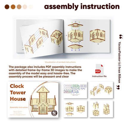 Mockup of an open booklet with step-by-step 3D instructions to assemble a clock tower house of laser cut plywood