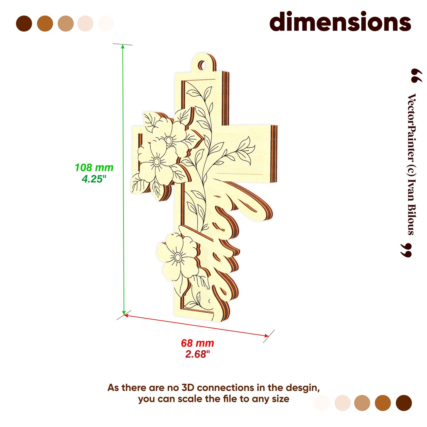 Laser cut cross with floral designs and dimensions on a white background