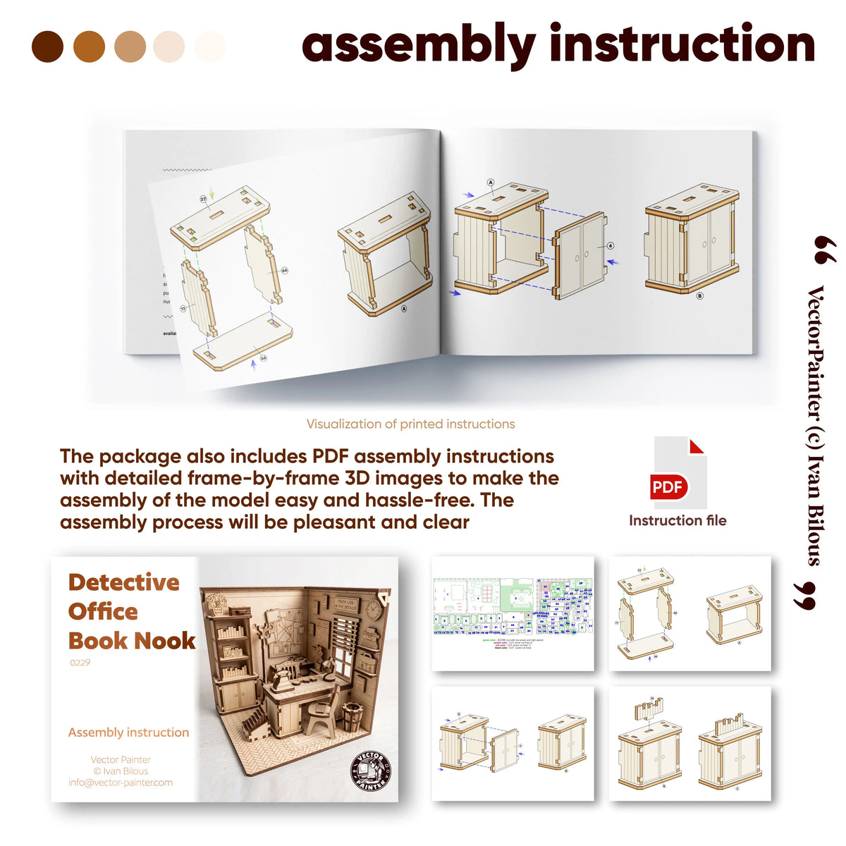 Assembly guide infographic showing printed booklet pages and 3D diagrams for building laser cut plywood detective book nook.