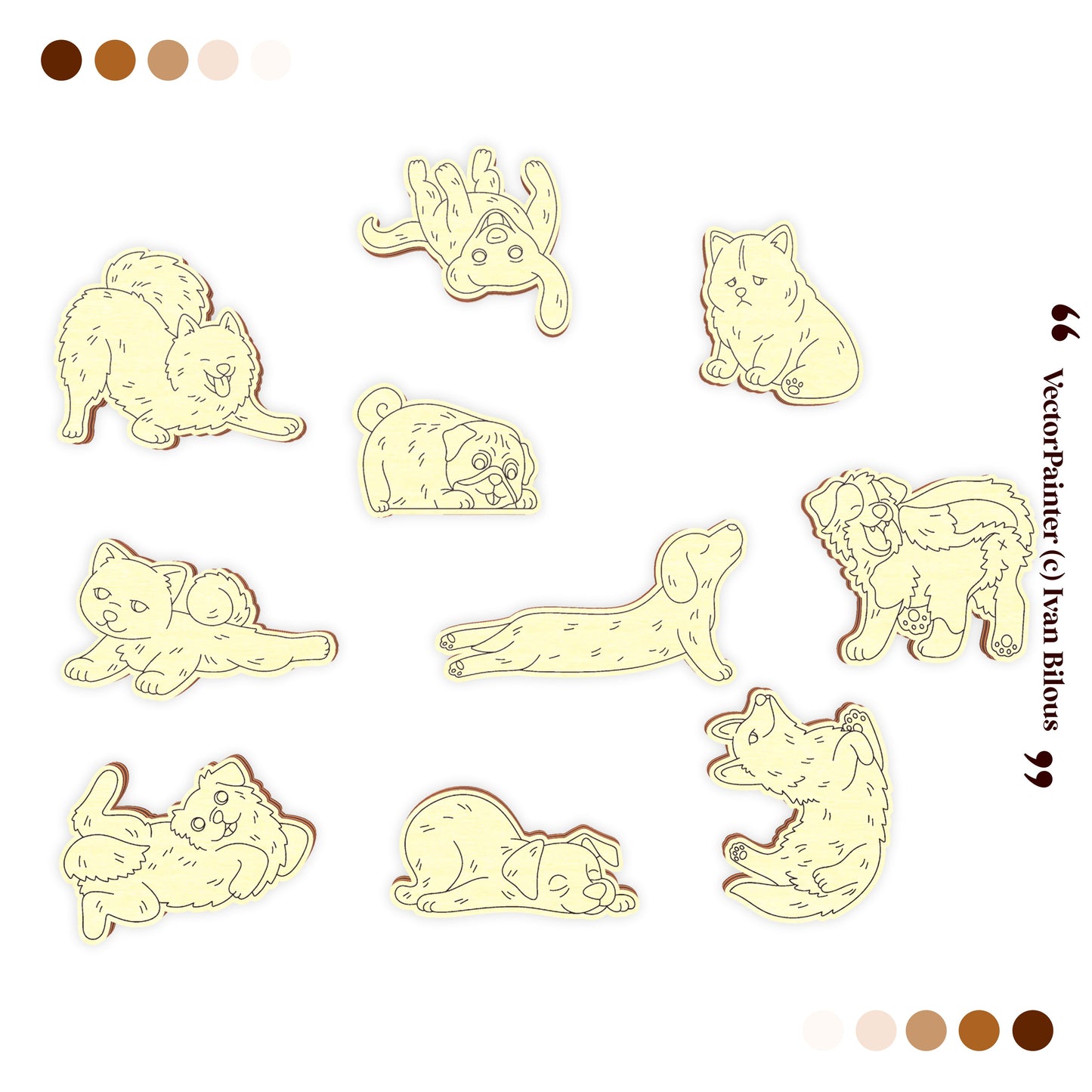 Set of vector laser cut illustrations of dogs in various poses on a white background.