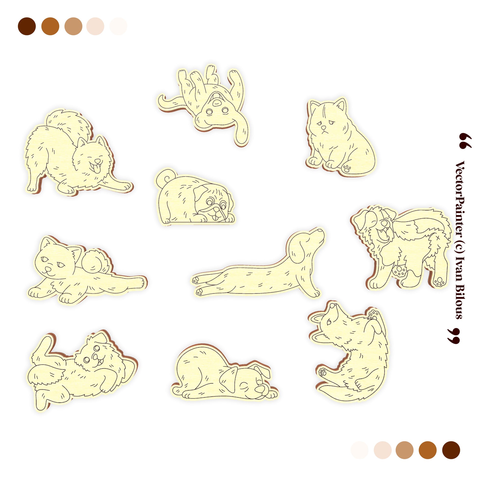 Set of vector laser cut illustrations of dogs in various poses on a white background.