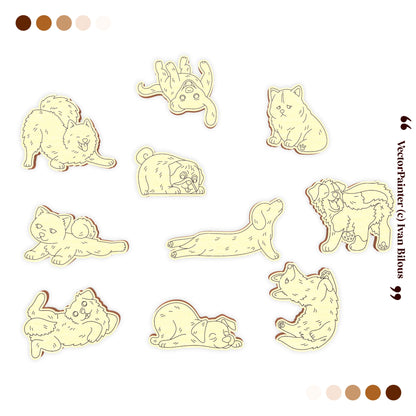 Set of vector laser cut illustrations of dogs in various poses on a white background.