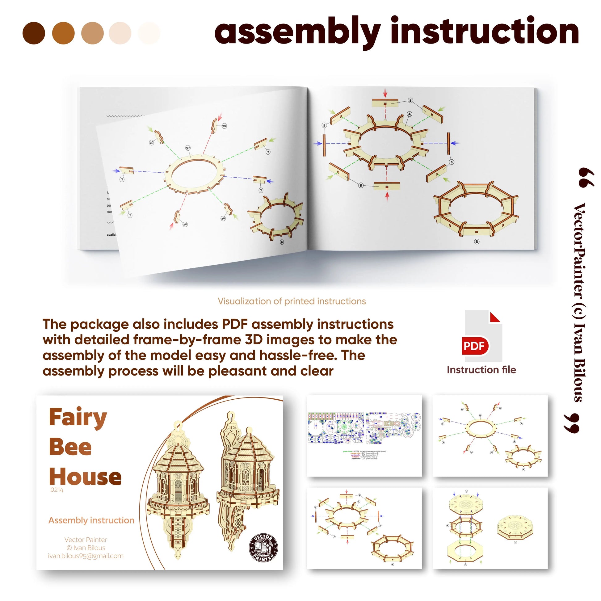 Infographic showing an assembly booklet with 3D structural diagrams for a laser cut plywood bee house