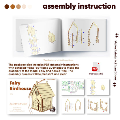 PDF assembly manual for laser cut plywood fairy birdhouse. Features clear 3D diagrams for easy step-by-step construction