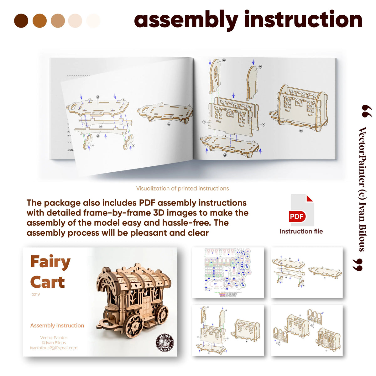A clear visual preview guide showing detailed step-by-step 3D assembly instructions for a laser-cut plywood Fairy Cart model.