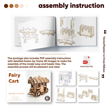 A clear visual preview guide showing detailed step-by-step 3D assembly instructions for a laser-cut plywood Fairy Cart model.