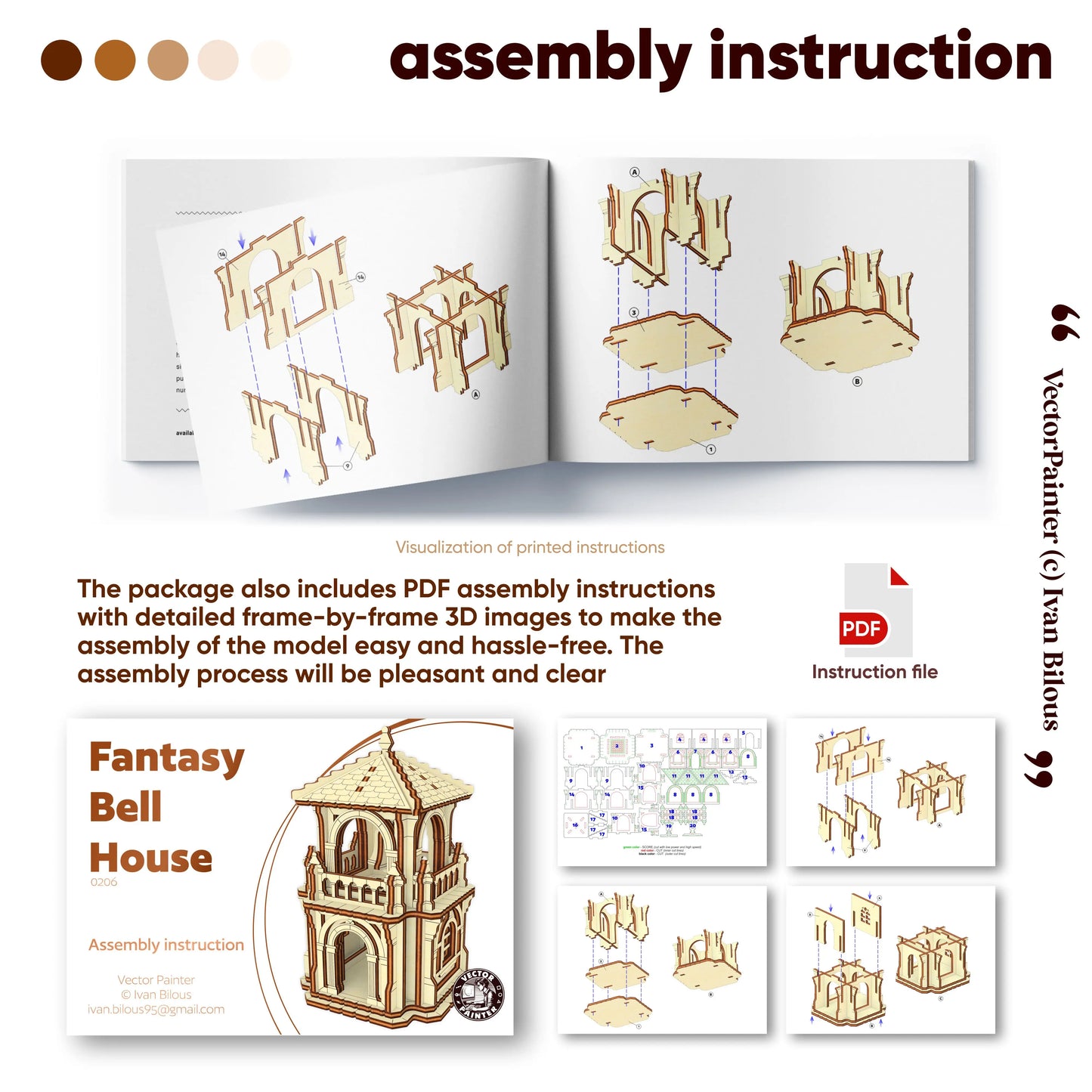 Mockup of an open booklet with step-by-step 3D instructions to assemble a fantasy tower model of laser cut plywood.