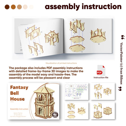 Mockup of an open booklet with step-by-step 3D instructions to assemble a fantasy tower model of laser cut plywood.