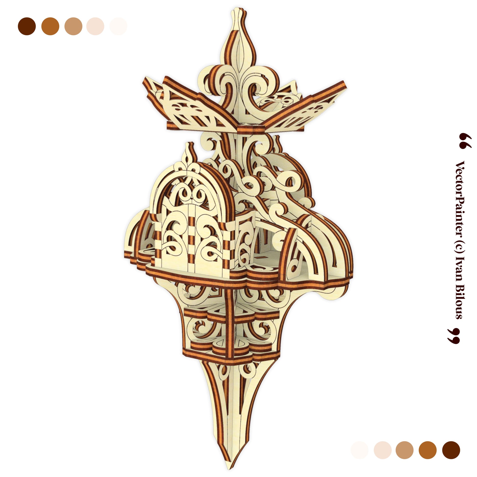 Decorative wooden lamp with intricate carvings on a white background