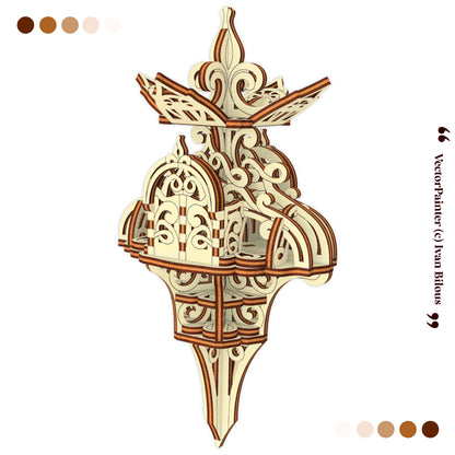 Decorative wooden lamp with intricate carvings on a white background