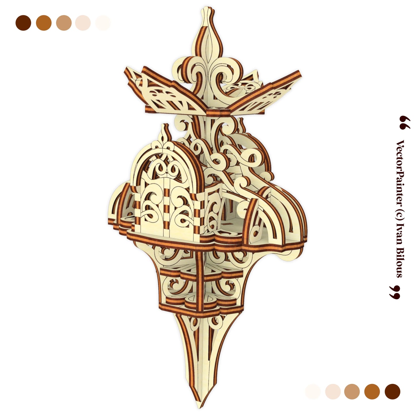 Decorative wooden lamp with intricate carvings on a white background