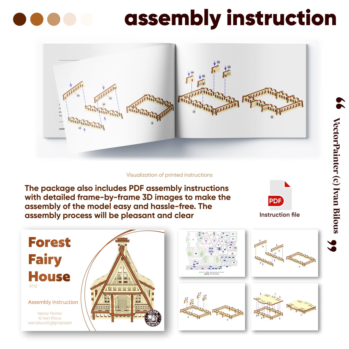 Mockup of an open booklet with step-by-step 3D instructions to assemble a forest fairy chalet model of laser cut plywood.