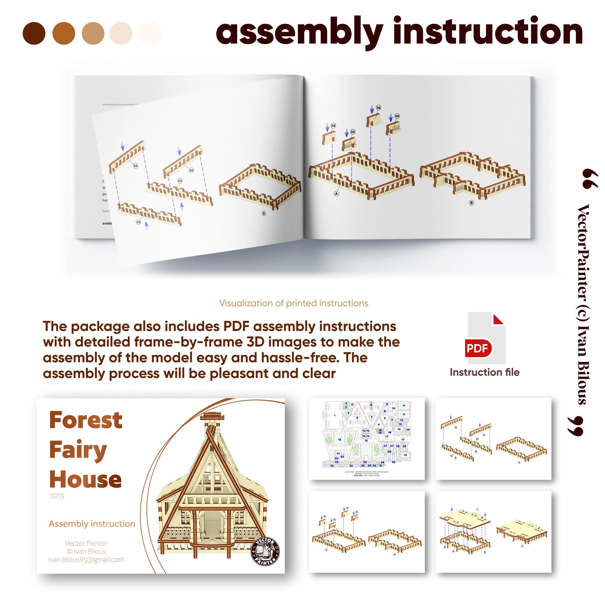 Mockup of an open booklet with step-by-step 3D instructions to assemble a forest fairy chalet model of laser cut plywood.
