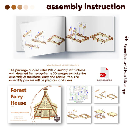 Mockup of an open booklet with step-by-step 3D instructions to assemble a forest fairy chalet model of laser cut plywood.