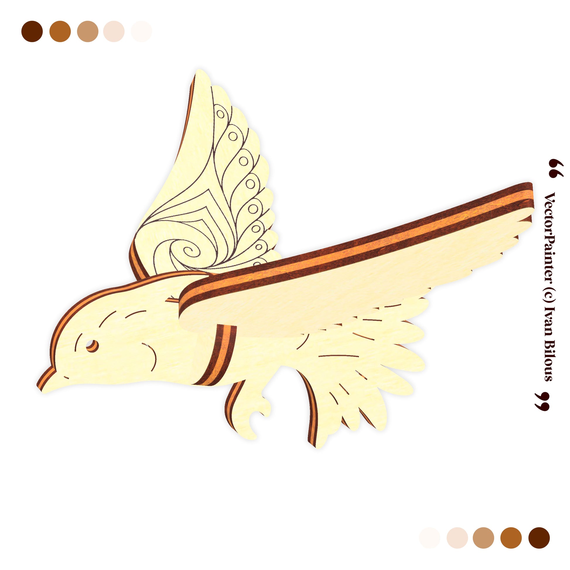 Illustration of a stylized laser cut  bird with decorative wings on a white background