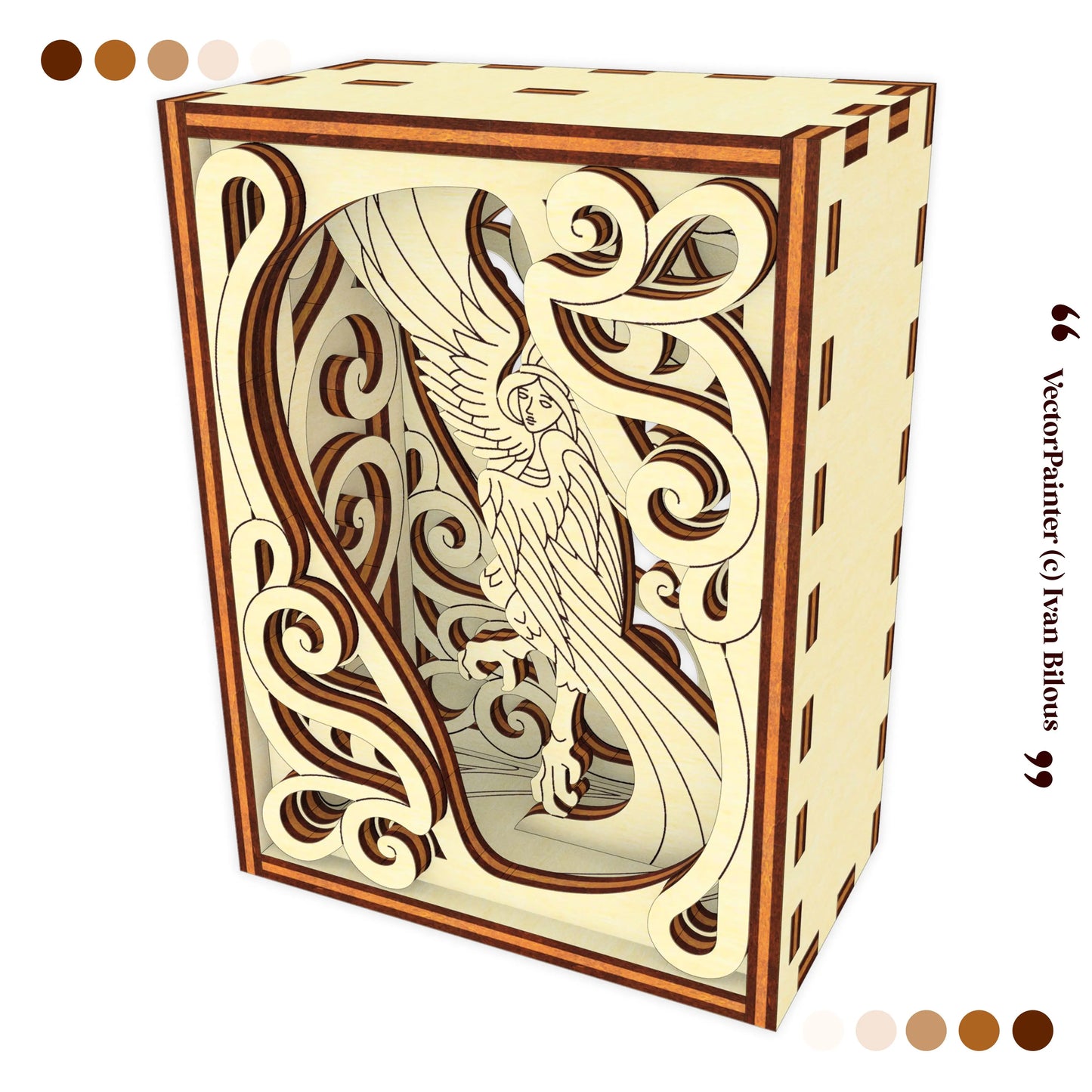 Wooden laser cut box with intricate carvings of a woman and dragon on a white background