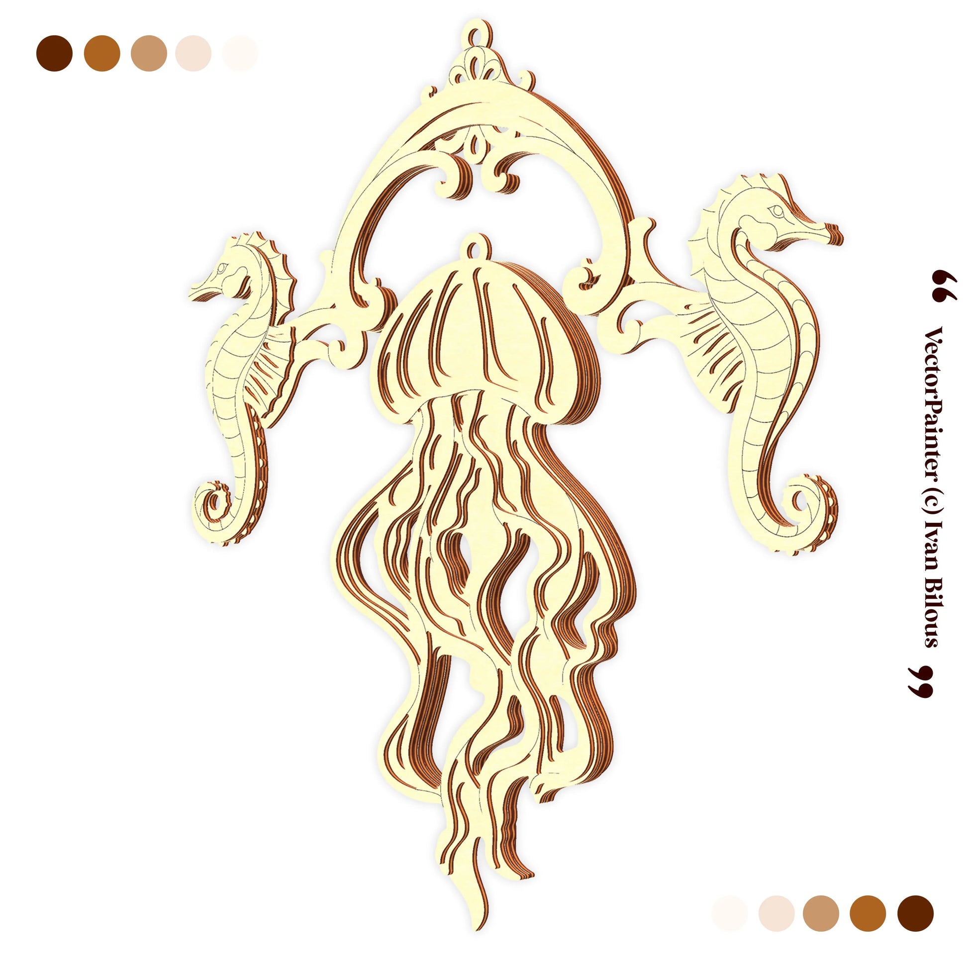 Decorative laser cut design of a jellyfish with seahorses on a white background, featuring color swatches and 'Vector Painter' branding.
