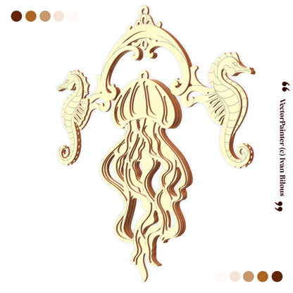 Decorative laser cut design of a jellyfish with seahorses on a white background, featuring color swatches and 'Vector Painter' branding.