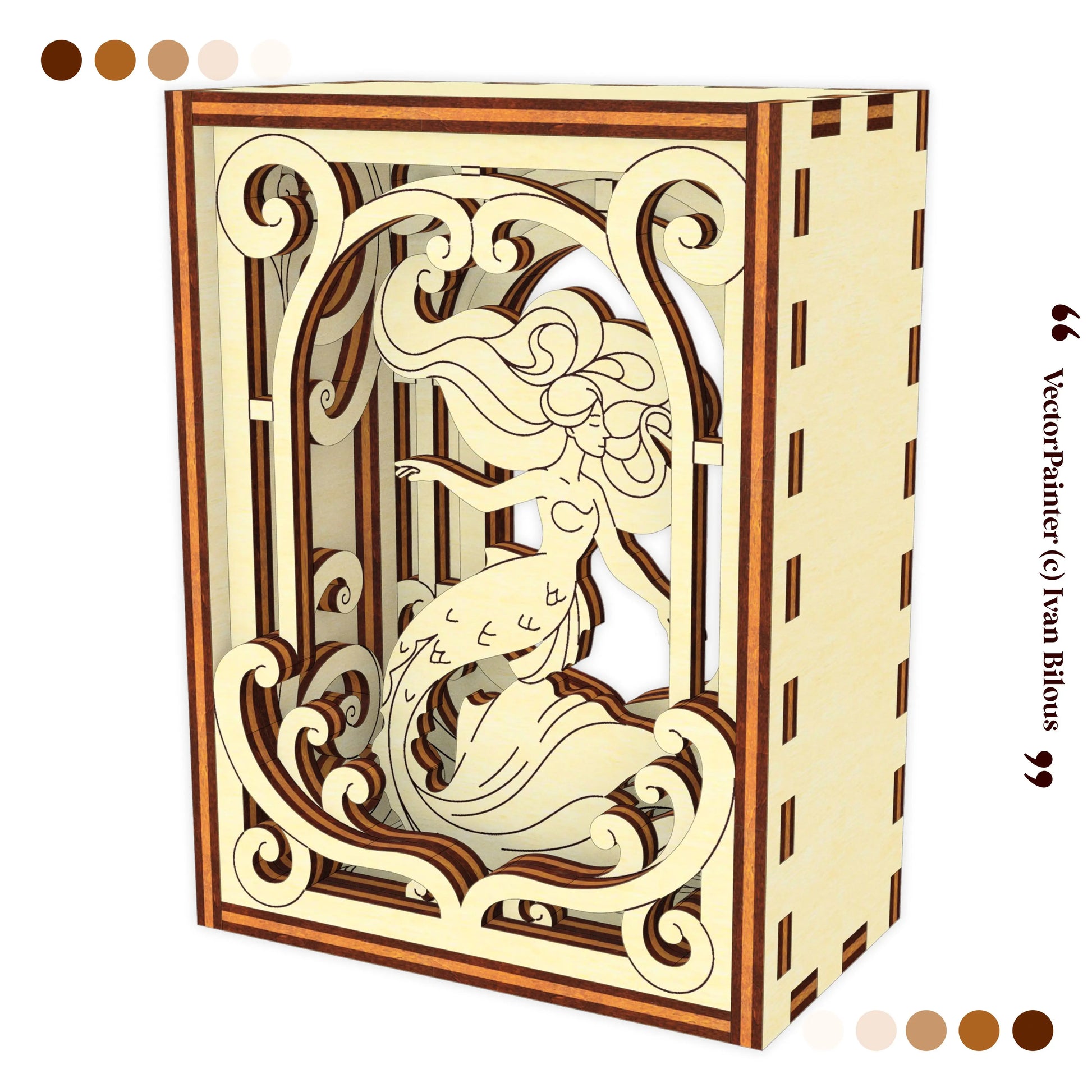 Decorative wooden box with a mermaid design on a white background